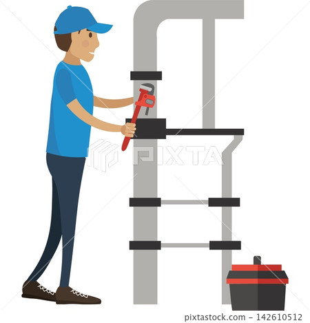 Plumber repairing pipes from leaks vector icon Plumber repairing pipes from leaks vector icon 142610512