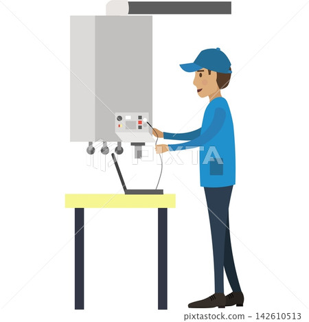 Repairman checking electric heating boiler vector icon Repairman checking electric heating boiler vector icon 142610513