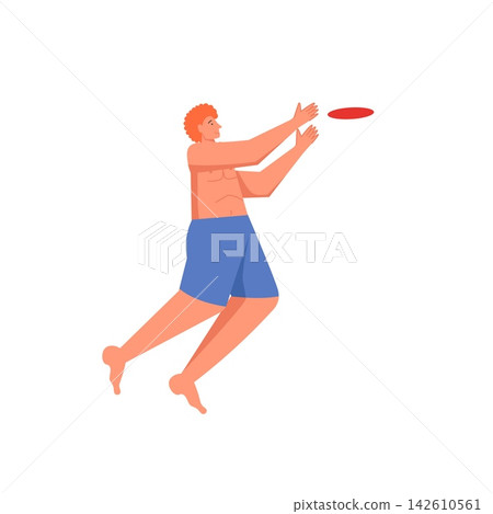 Man catching flying disc, vector flat style design illustration Man catching flying disc, vector flat style design illustration 142610561