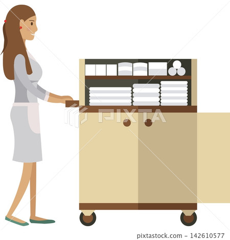 Maid pushing trolley cart with fresh hygiene accessories for hotel room vector icon 142610577