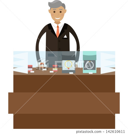 Salesman at jewelry shop showcase vector icon 142610611