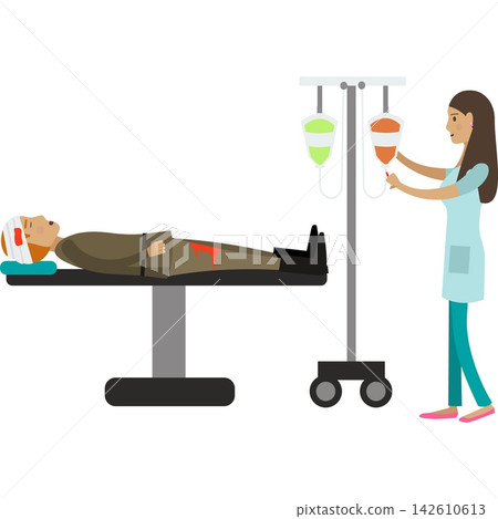Doctor providing first aid for wounded soldier vector icon 142610613