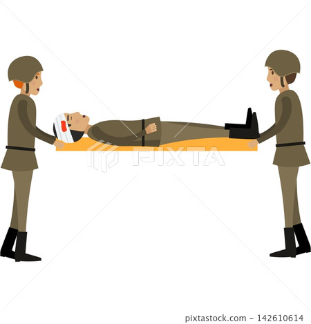 Military men carrying wounded soldier on stretcher from battlefield vector icon Military men carrying wounded soldier on stretcher from battlefield vector icon 142610614