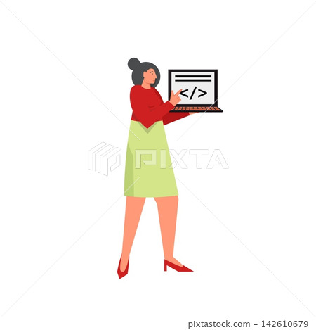 Professional programmer with laptop, vector flat style design illustration Professional programmer with laptop, vector flat style design illustration 142610679