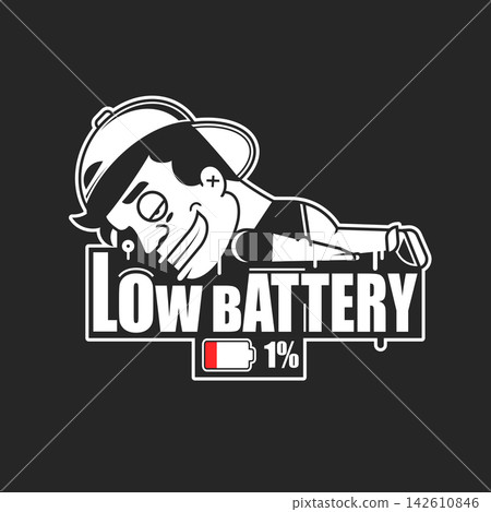 Cartoon man in a suit sitting at a desk, battery symbol beside him, indicating drained energy. Cartoon man in a suit sitting at a desk, battery symbol beside him, indicating drained energy. 142610846