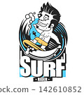 Surfer Silhouette A solitary surfer carries their surfboard, a symbol of adventure and freedom, ready to ride the waves under the vast expanse 142610852