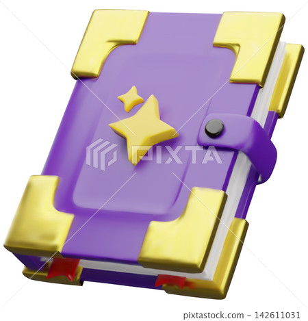 Glossy 3D spellbook book element with stars and gold details Glossy 3D spellbook book element with stars and gold details 142611031