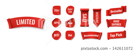 3D red ribbon banners collection for marketing promotion design vector set, realistic shopping, sale, discount labels 3D red ribbon banners collection for marketing promotion design vector set, realistic shopping, sale, discount labels 142611072