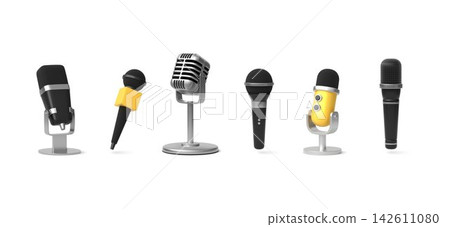 Realistic dynamic microphone 3D vector icons set collection, wireless dynamic microphone, concert equipment, broadcast Realistic dynamic microphone 3D vector icons set collection, wireless dynamic microphone, concert equipment, broadcast 142611080