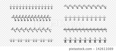Metal binders in various styles realistic vector set, horizontal bound spiral or rings wire coils spring with holes Metal binders in various styles realistic vector set, horizontal bound spiral or rings wire coils spring with holes 142611089