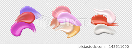 Realistic colorful cream swatches, 3D vector set of art paint stroke cream texture sample, cosmetic gel, serum smear Realistic colorful cream swatches, 3D vector set of art paint stroke cream texture sample, cosmetic gel, serum smear 142611090
