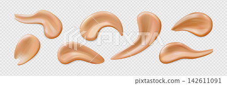 A set of liquid beige foundation drops of various shapes on a transparent background. A set of liquid beige foundation drops of various shapes on a transparent background. 142611091