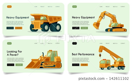 Industrial heavy machinery landing page vector designs set, excavator crawler, truck, construction vehicle service Industrial heavy machinery landing page vector designs set, excavator crawler, truck, construction vehicle service 142611102