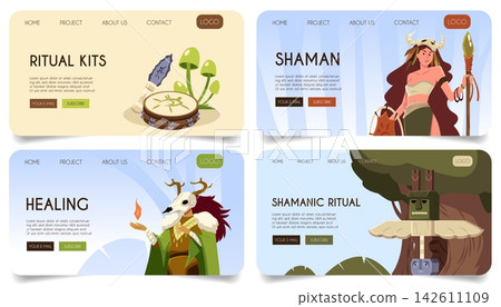 Shaman ritual healing website banner template set in flat vector Shaman ritual healing website banner template set in flat vector 142611109