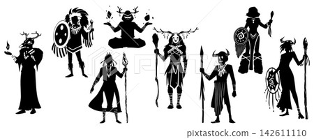 Tribal shaman with magic wand, drum, animal's skull with horns headgear black silhouette ancient civilization vector set Tribal shaman with magic wand, drum, animal's skull with horns headgear black silhouette ancient civilization vector set 142611110
