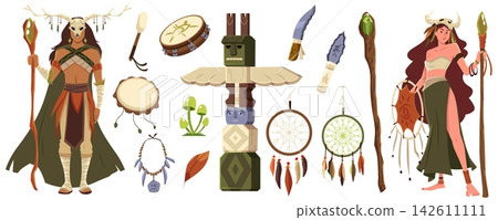 Shaman tribal ritual vector illustration element set Shaman tribal ritual vector illustration element set 142611111