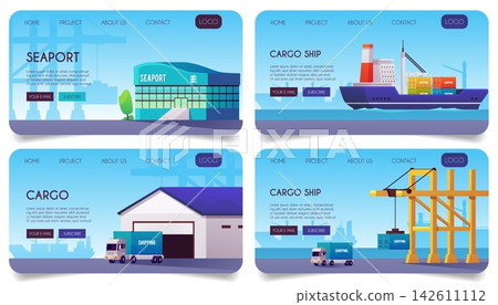 Cargo ship, seaport landing page flat designs vector set, maritime logistics, trade industry, cargo ship with containers Cargo ship, seaport landing page flat designs vector set, maritime logistics, trade industry, cargo ship with containers 142611112