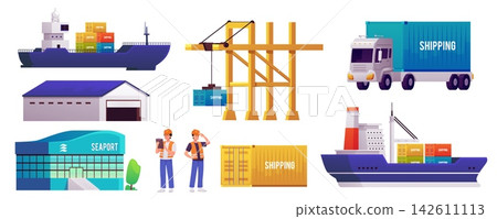 Maritime logistics vector icons set, tanker transportation delivery service, trade industry, cargo ship shipping truck Maritime logistics vector icons set, tanker transportation delivery service, trade industry, cargo ship shipping truck 142611113
