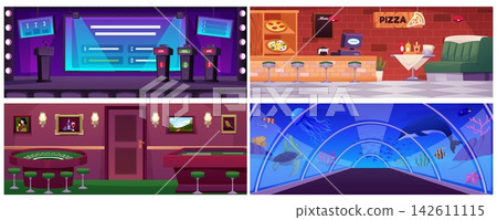 Set of backgrounds with interiors, stage of TV quiz show, pizzeria, casino hall, oceanarium. Set of backgrounds with interiors, stage of TV quiz show, pizzeria, casino hall, oceanarium. 142611115