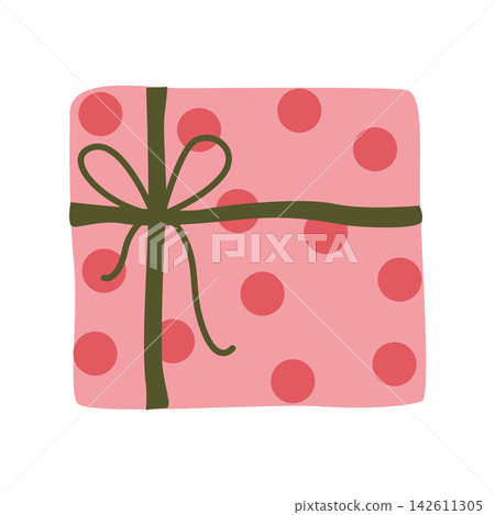 Hand-drawn wrapped gift box illustration with ribbon and bow and dots pattern for birthday, Christmas, baby shower, Valentines day Hand-drawn wrapped gift box illustration with ribbon and bow and dots pattern for birthday, Christmas, baby shower, Valentines day 142611305