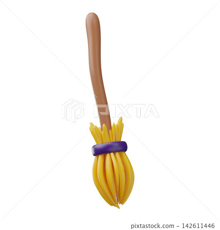 The witch's broom 3D vector icon, magic wooden broom, cartoon fairytale broomstick on which a witch flies, Halloween The witch's broom 3D vector icon, magic wooden broom, cartoon fairytale broomstick on which a witch flies, Halloween 142611446