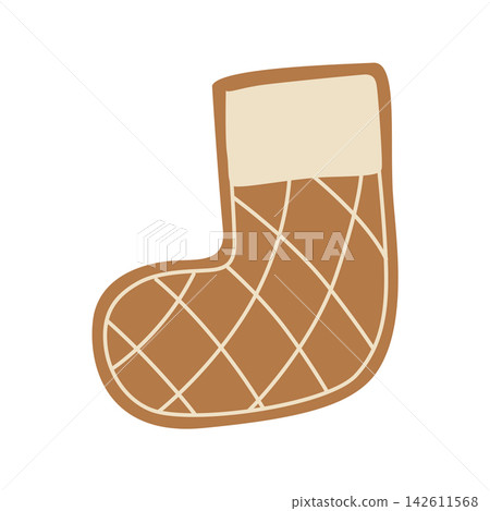 Hand-drawn iced Christmas gingerbread stocking cookie isolated illustration for seasonal winter holiday decor, packaging Hand-drawn iced Christmas gingerbread stocking cookie isolated illustration for seasonal winter holiday decor, packaging 142611568