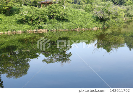 池塘倒映著藍天和森林樹木,還有一個涼亭(留白) 池塘倒映著藍天和森林樹木,還有一個涼亭(留白) 142611702