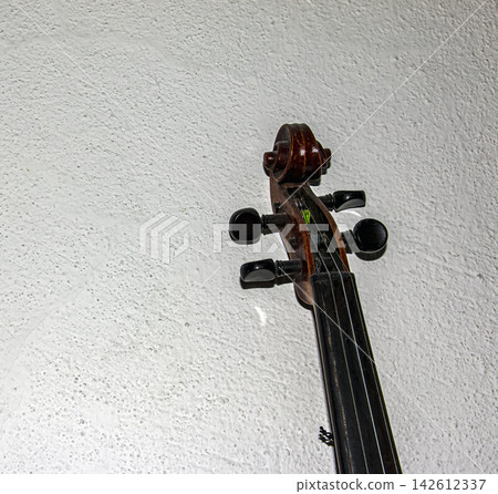 Close Up of Vintage Violin Pegbox Scroll and Tuning Pegs Close Up of Vintage Violin Pegbox Scroll and Tuning Pegs 142612337