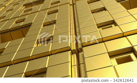 Luxurious Golden Geometric Wall with Reflective Panels and Recessed Squares 3d render. 142612641
