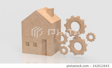 Wooden House with Gears Representing Home Maintenance Services 3d render. Wooden House with Gears Representing Home Maintenance Services 3d render. 142612643