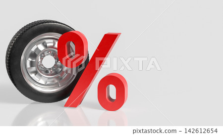 Car Tire with Red Percentage Symbol for Automotive Sale Promotions 3d render. Car Tire with Red Percentage Symbol for Automotive Sale Promotions 3d render. 142612654