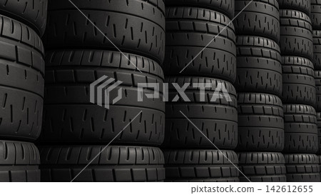 Stacked Black Car Tires with Detailed Tread Patterns 3d render. Stacked Black Car Tires with Detailed Tread Patterns 3d render. 142612655