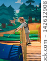 Little boy exploring a colorful indoor play exhibit with painted scenery indoors with bright room imaginative environment family leisure educational activity and walking. 142612908