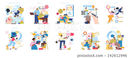 Set of vector illustrations depicting various modern educational concepts like mentoring, digital skills, and microlearning. Characters are shown in active learning scenarios using technology. Set of vector illustrations depicting various modern educational concepts like mentoring, digital skills, and microlearning. Characters are shown in active learning scenarios using technology. 142612946