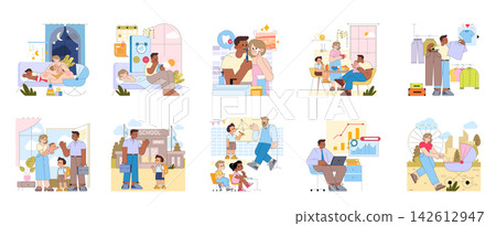 Collection of family lifestyle vector illustration scenes with parenting, childcare, school, teaching, work, shopping and home routine activities across different everyday moments Collection of family lifestyle vector illustration scenes with parenting, childcare, school, teaching, work, shopping and home routine activities across different everyday moments 142612947