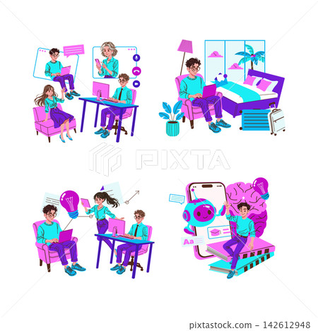 Remote work and online learning vector illustration set with people using laptop and smartphone for video calls, studying, travel work, creative ideas and mobile education apps Remote work and online learning vector illustration set with people using laptop and smartphone for video calls, studying, travel work, creative ideas and mobile education apps 142612948