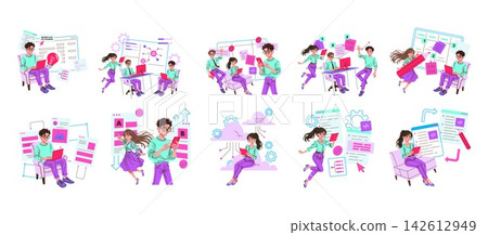 Software development team managing tasks coding and reviewing digital documents across multiple scenes with laptop phone and desktop screens, vector illustration for workflow concepts Software development team managing tasks coding and reviewing digital documents across multiple scenes with laptop phone and desktop screens, vector illustration for workflow concepts 142612949