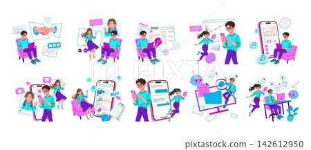 Remote work and mobile app vector illustration set showing online meeting, messaging, analytics, shopping, payment, document review, chatbot support, and digital business tasks Remote work and mobile app vector illustration set showing online meeting, messaging, analytics, shopping, payment, document review, chatbot support, and digital business tasks 142612950