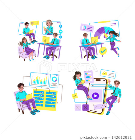 Remote team communicating by laptop and smartphone while working on analytics dashboards server data and mobile app interface design, vector illustration for digital workflow 142612951