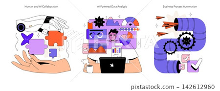 Vector illustration set of AI collaboration, data analysis, and business process automation scenes with puzzle pieces, charts, laptop work, task flow, gears, and digital systems Vector illustration set of AI collaboration, data analysis, and business process automation scenes with puzzle pieces, charts, laptop work, task flow, gears, and digital systems 142612960