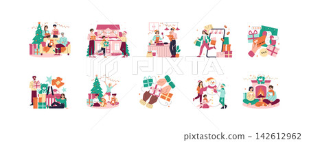 Christmas holiday vector illustration set with family celebrating at home, shopping online, exchanging gifts, cooking together, making snowman and relaxing by fireplace Christmas holiday vector illustration set with family celebrating at home, shopping online, exchanging gifts, cooking together, making snowman and relaxing by fireplace 142612962