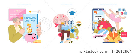 Vector illustration of adults engaging in financial literacy, travel learning, and creative skills education. Visuals include digital devices, educational symbols, and diverse activities. 142612964
