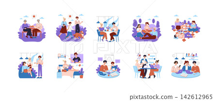 Vector illustration set of people socializing, studying, working, walking a dog, drinking coffee, having a picnic, and meeting indoors and outdoors in everyday situations Vector illustration set of people socializing, studying, working, walking a dog, drinking coffee, having a picnic, and meeting indoors and outdoors in everyday situations 142612965