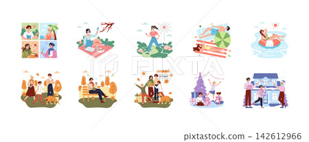 Seasonal lifestyle vector illustration set with people relaxing outdoors in spring summer autumn and winter, sunbathing, jogging, reading, walking, celebrating holidays and family time Seasonal lifestyle vector illustration set with people relaxing outdoors in spring summer autumn and winter, sunbathing, jogging, reading, walking, celebrating holidays and family time 142612966