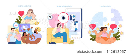 Mental health vector illustration set with mindful parenting, AI therapy session, and meditation practice showing caregiving, emotional support, brain wellness, and calm coping actions 142612967