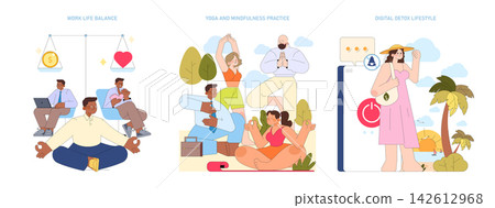 Work life balance with meditation, yoga and digital detox lifestyle vector illustration set showing people relaxing, stretching, meditating and turning off notifications for rest Work life balance with meditation, yoga and digital detox lifestyle vector illustration set showing people relaxing, stretching, meditating and turning off notifications for rest 142612968