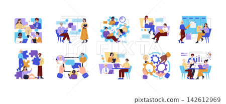 Business team working together on laptops, planning tasks, messaging online, solving workflow problems, and reviewing charts in office scenes, vector illustration set for teamwork themes Business team working together on laptops, planning tasks, messaging online, solving workflow problems, and reviewing charts in office scenes, vector illustration set for teamwork themes 142612969