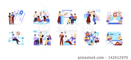 Startup team planning product launch, strategy, analytics, remote collaboration, and MVP development in business scenes with charts, laptops, goals, and rocket icons, vector illustration Startup team planning product launch, strategy, analytics, remote collaboration, and MVP development in business scenes with charts, laptops, goals, and rocket icons, vector illustration 142612970