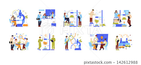 Scientists conduct laboratory research, analyze samples, discuss data, and test chemical formulas in a science lab collection, vector illustration isolated on white background 142612988
