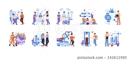 Vector illustration set of emergency and utility workers treating patients, performing surgery, giving first aid, checking pipelines, fighting fire, policing streets, delivering parcels and inspecting Vector illustration set of emergency and utility workers treating patients, performing surgery, giving first aid, checking pipelines, fighting fire, policing streets, delivering parcels and inspecting 142612995